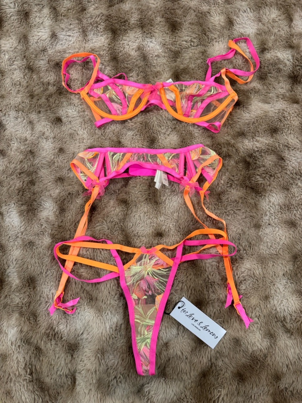 Love & Lemons Tulip Bustier bra, garter and thong set in a pink and orange - Picture 2 of 3